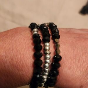 Handmade Black and Silver Czech Crystal Faceted Beaded Bracelet Set. NEW